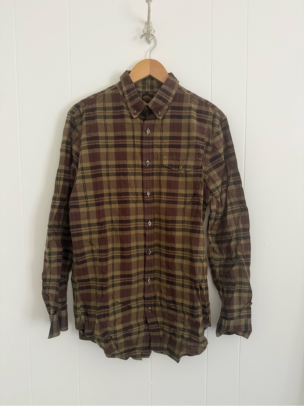 L.L. Bean Men's Plaid Button-Down Shirt in Olive & Brown